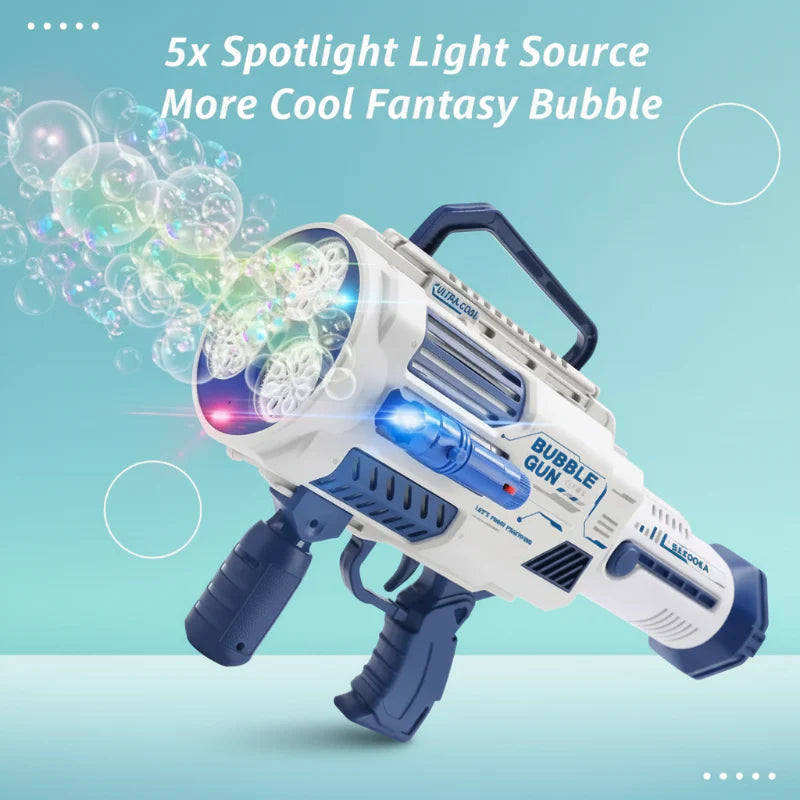 Blue and white bubble gun releasing bubbles with colorful lights at the front