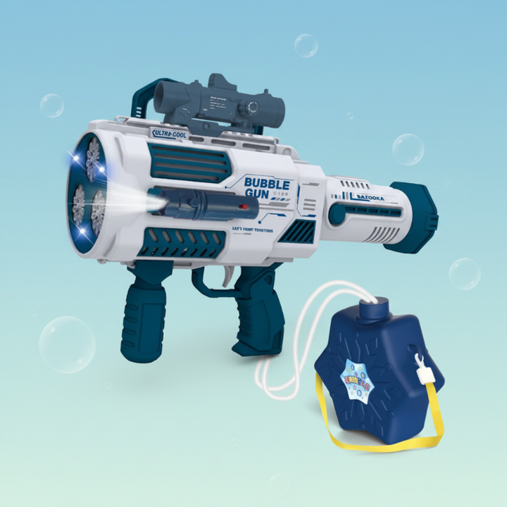 Blue and white bubble gun connected by tubing to a matching shoulder-strap reservoir