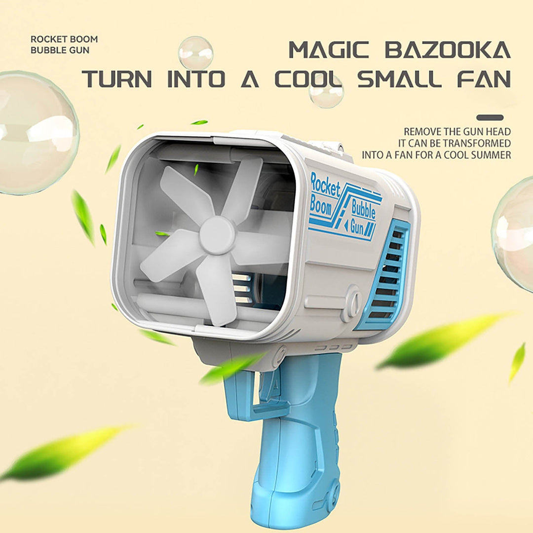 Blue and white bubble gun with the front cover removed to reveal a fan
