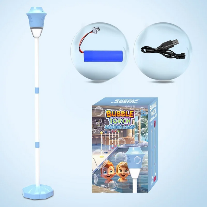 Blue bubble lamp with a matching base, battery, USB cable, and retail box.
