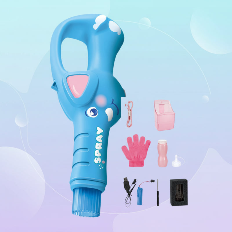 Blue bubble maker displayed with gloves, carry strap, and charging accessories