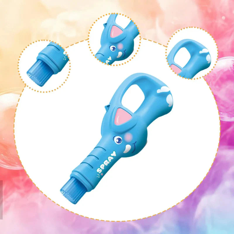 Blue animal-shaped electric bubble maker with detail views of its body and handle