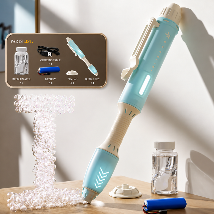 Blue-and-cream bubble pen displayed with a bottle, battery, cap, and charging cable.