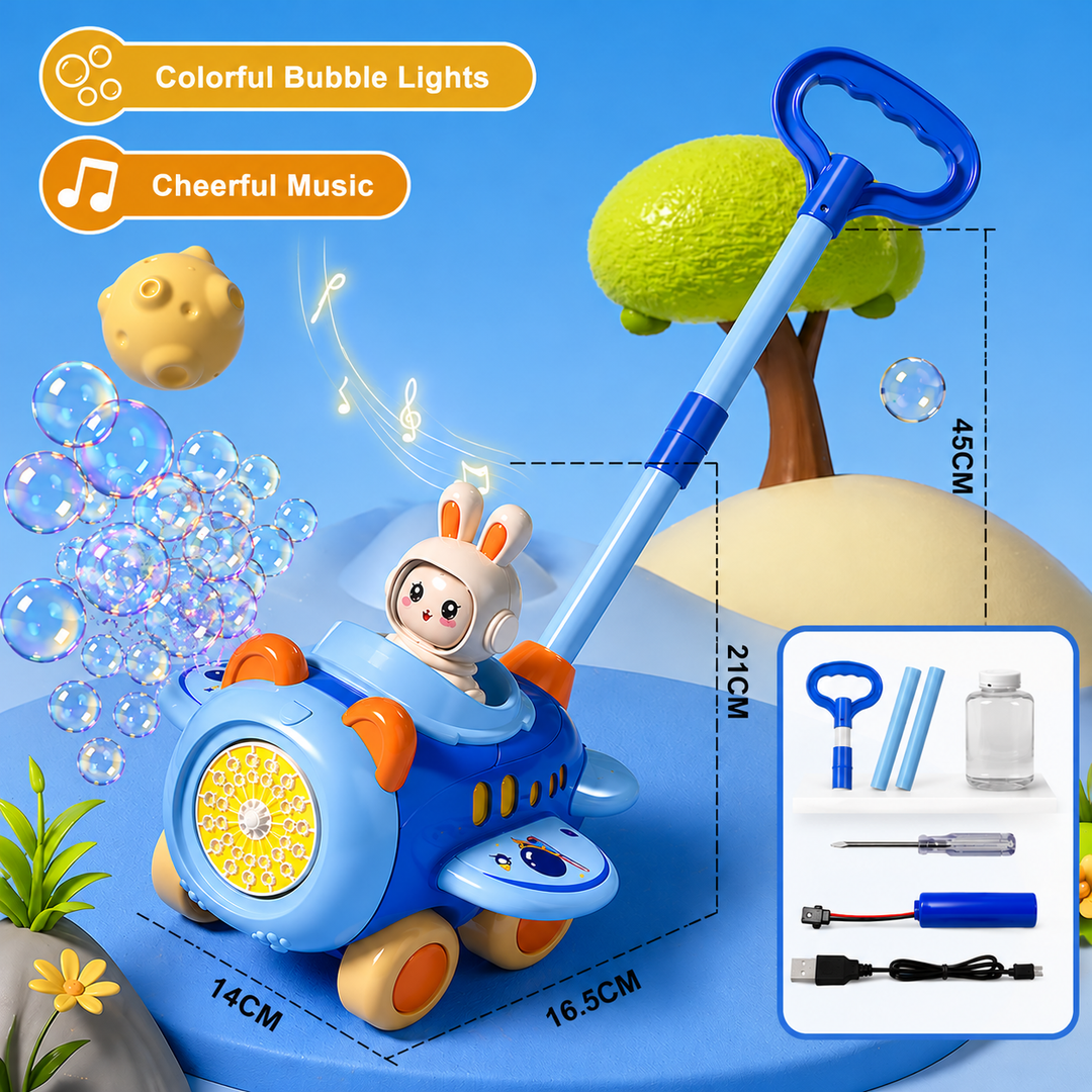 Blue airplane-style bubble push cart with bunny character, dimensions and accessory inset.