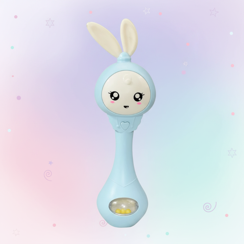 Blue bunny baby rattle with silicone ears and a transparent bead compartment