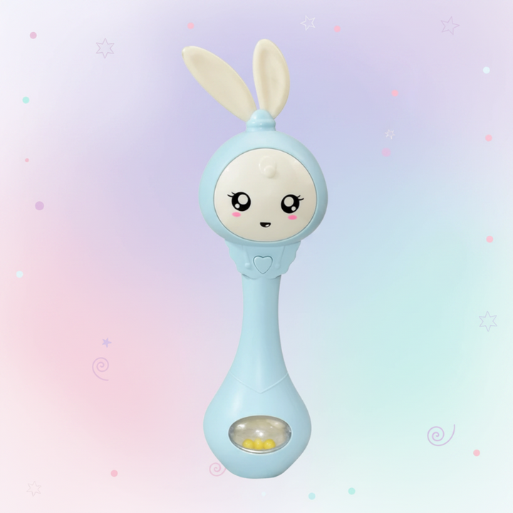 Blue bunny baby rattle with silicone ears and a transparent bead compartment