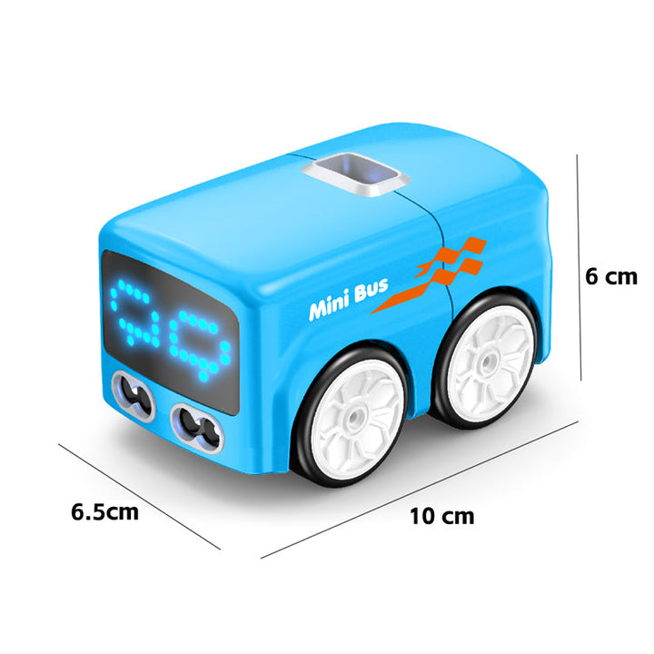 Blue mini bus measurement diagram showing 10 cm length, 6.5 cm width, and 6 cm height