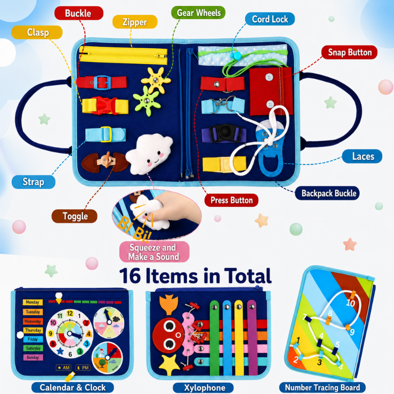 Open blue busy board showing buckles, zippers, laces, gears, and additional learning panels.
