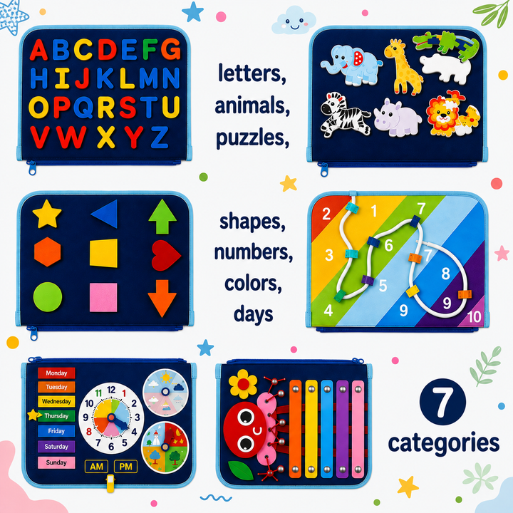 Blue busy board panels with letters, animals, shapes, number paths, a clock, and colorful bars.