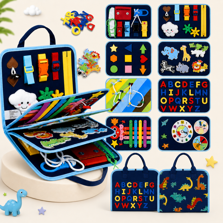 Blue busy board shown open with alphabet, dinosaur, fastener, shape, and clock panels.