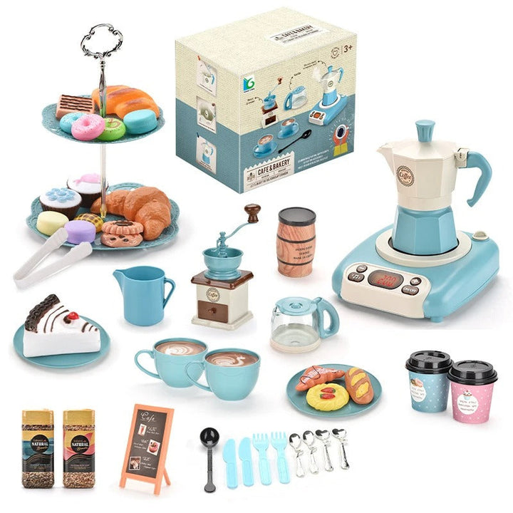 Blue pretend cafe and bakery playset with coffee accessories, pastries, a two-tier stand and retail box