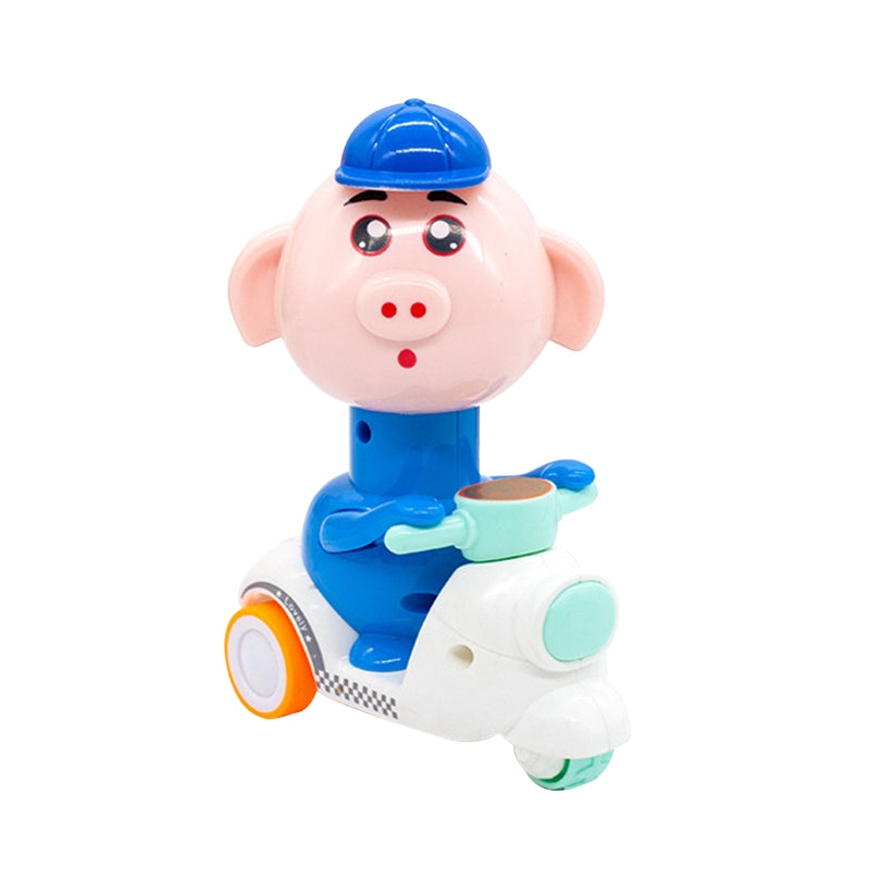 Pig rider wearing a blue cap on a white toy motorcycle with mint accents