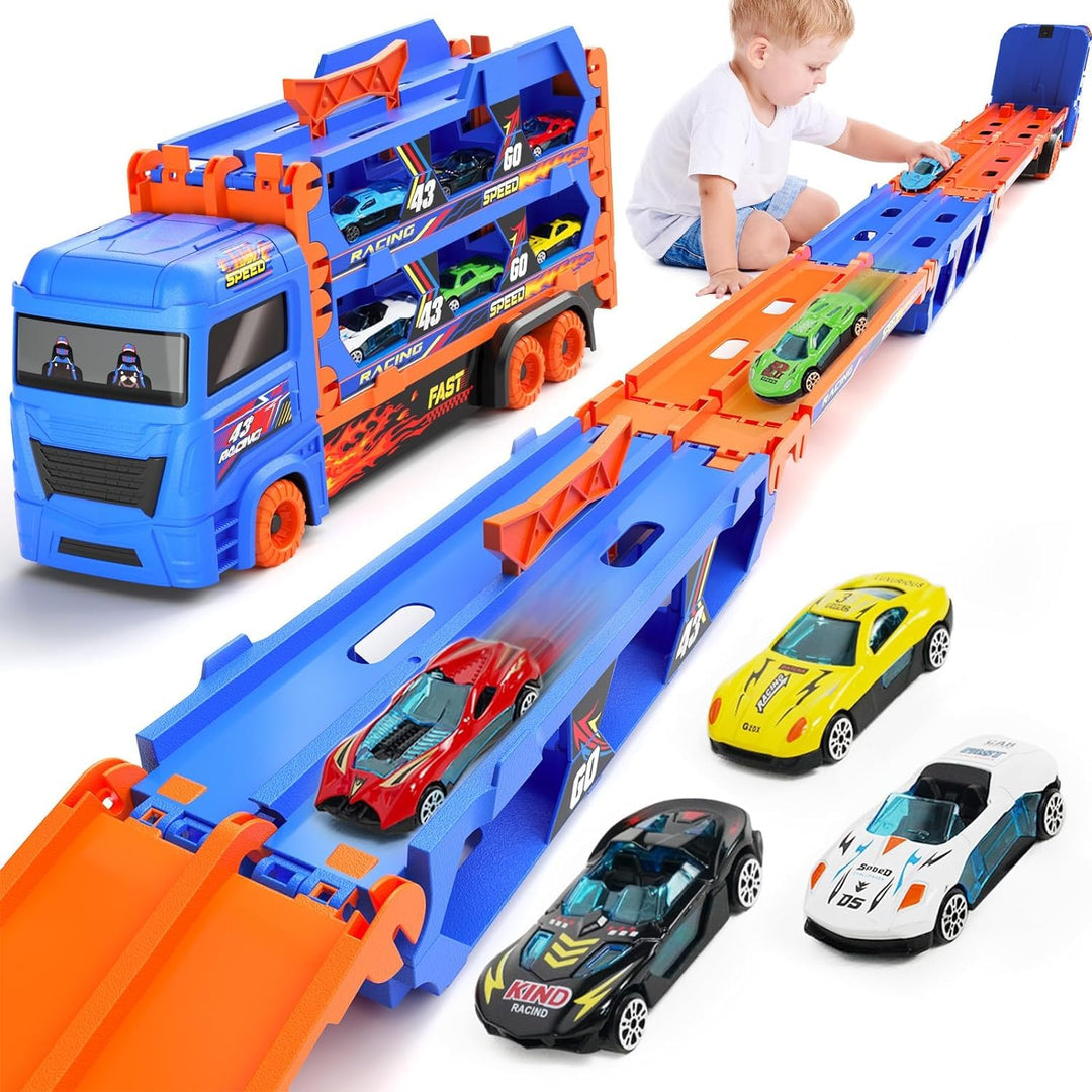 Blue car carrier toy truck shown folded for storage and opened into a two-lane racetrack with mini cars.