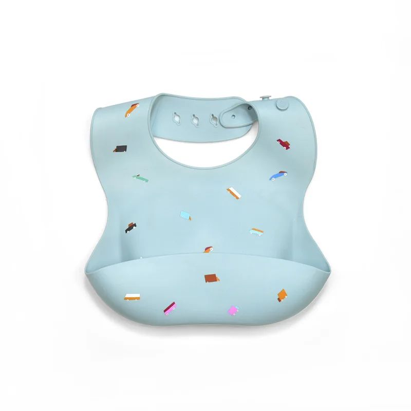 Light blue silicone baby bib with colorful car print and a wide front pocket
