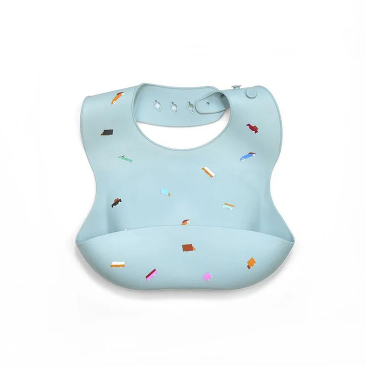 Light blue silicone baby bib with colorful car print and a wide front pocket