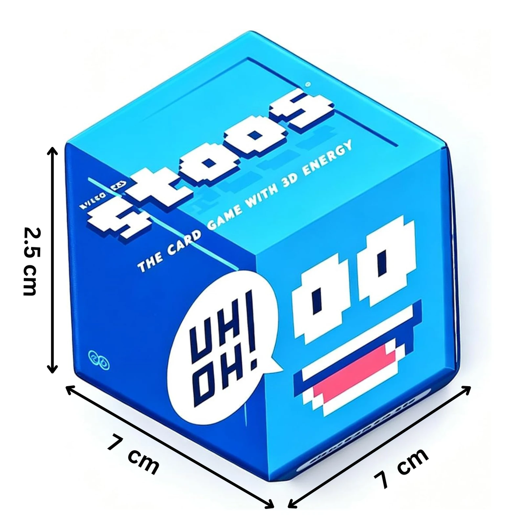 Blue card game box with dimensions labeled 7 cm by 7 cm by 2.5 cm