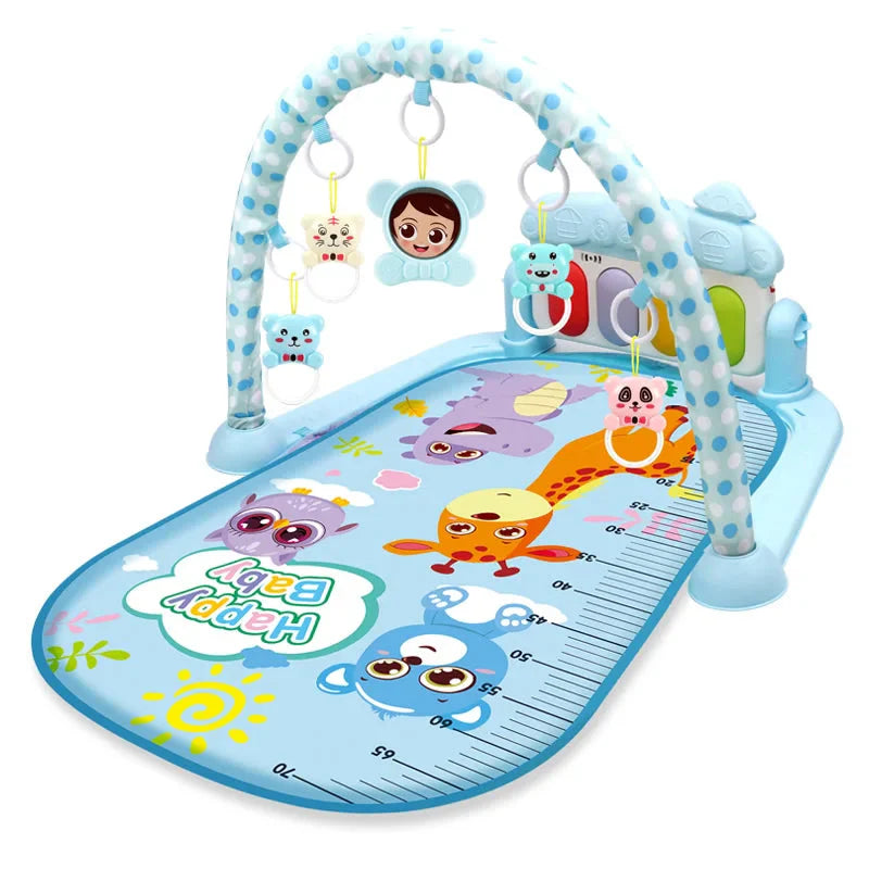 Blue baby gym with a polka-dot arch and colorful cartoon animal play mat