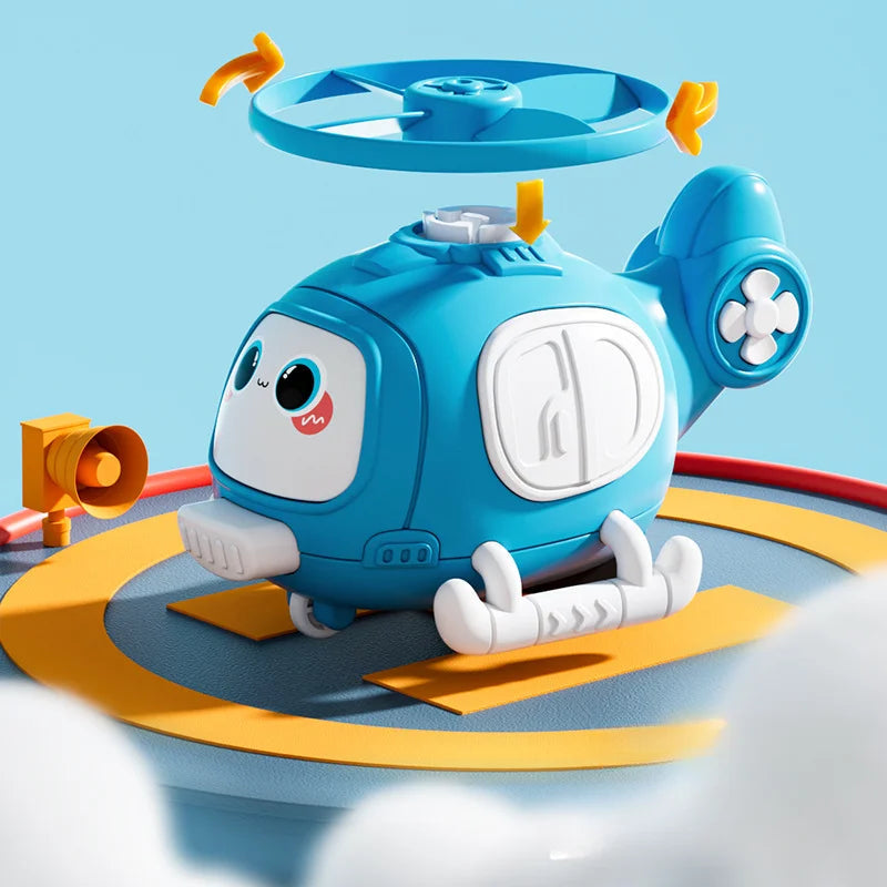 Blue cartoon helicopter toy with a circular rotor above it and white landing skids