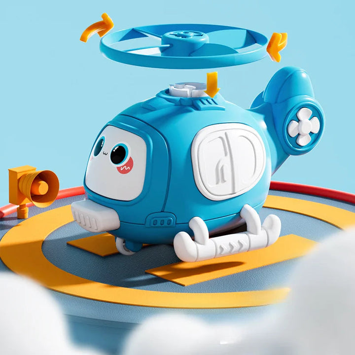 Blue cartoon helicopter toy with a circular rotor above it and white landing skids
