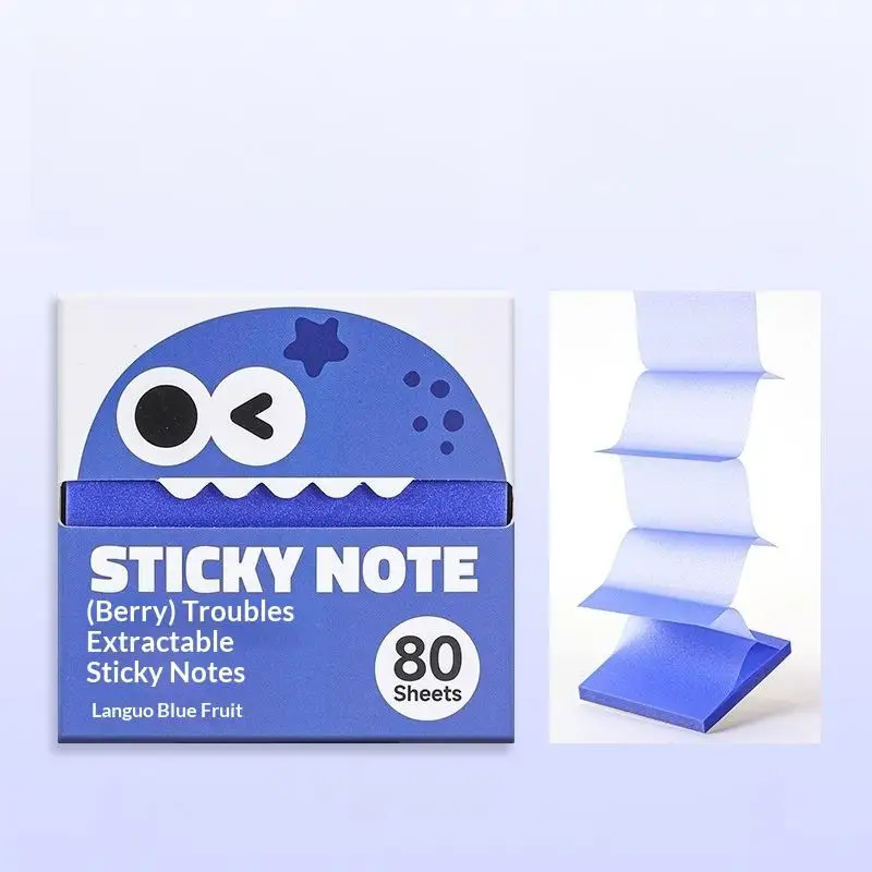 Blue sticky note pack with a cartoon face beside pulled-out sheets