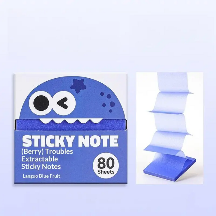 Blue sticky note pack with a cartoon face beside pulled-out sheets