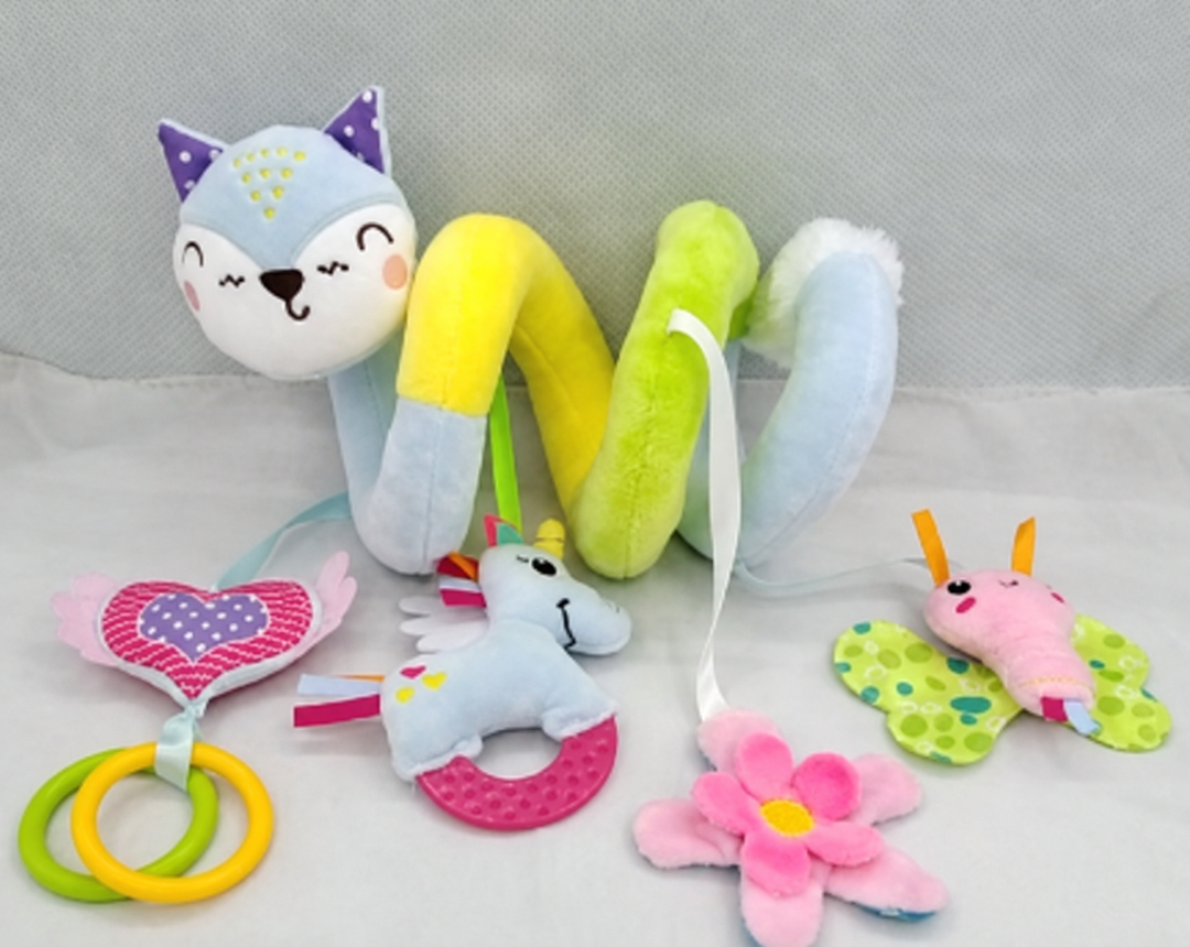 Blue Cat spiral activity toy with hanging rings, a unicorn, a flower, and a butterfly
