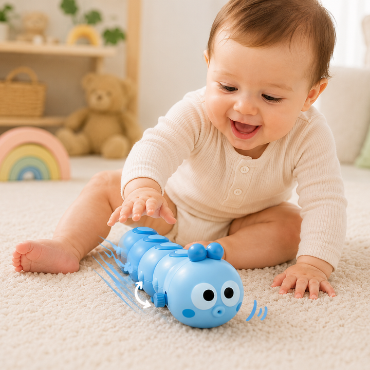 Child reaching toward a blue caterpillar toy on a rug