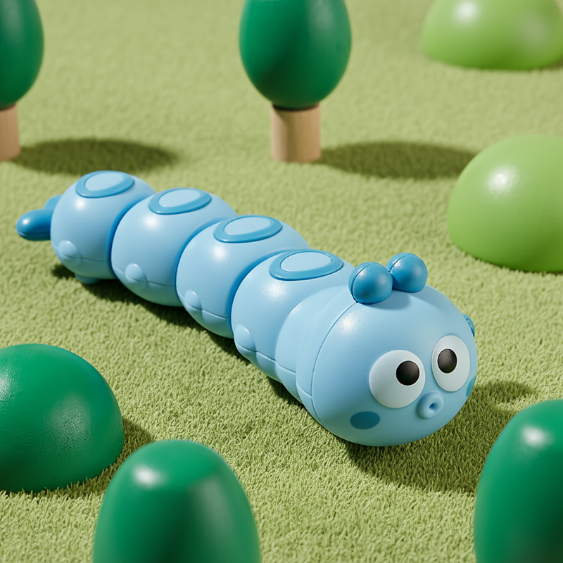 Blue wind-up caterpillar toy among small decorative trees