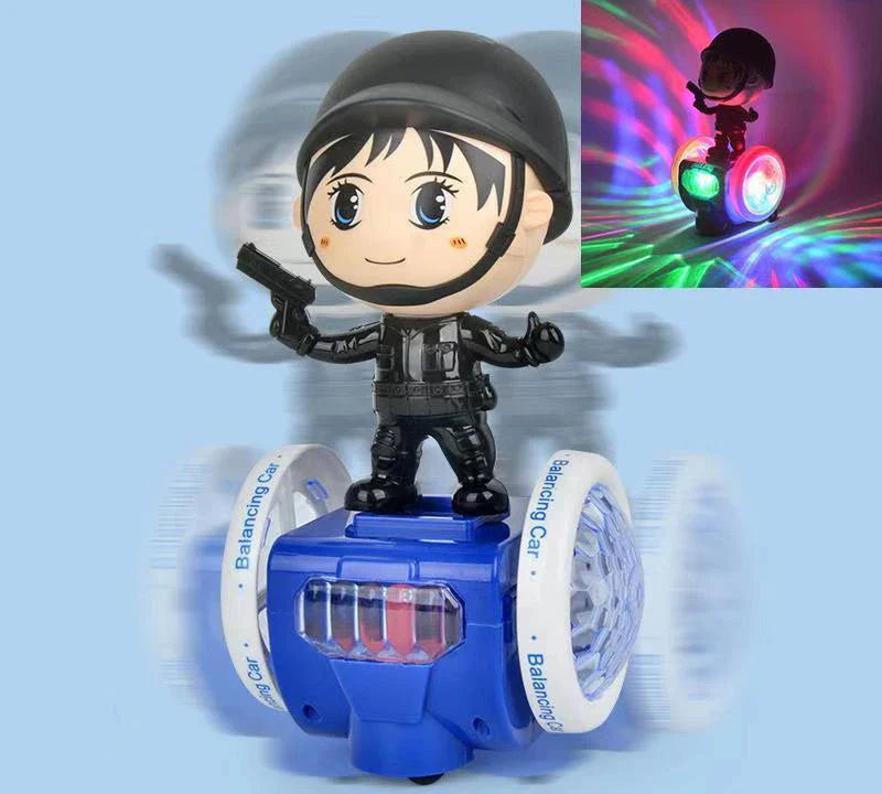 Blue toy car with a helmeted character, white wheels, and an inset showing colorful light effects