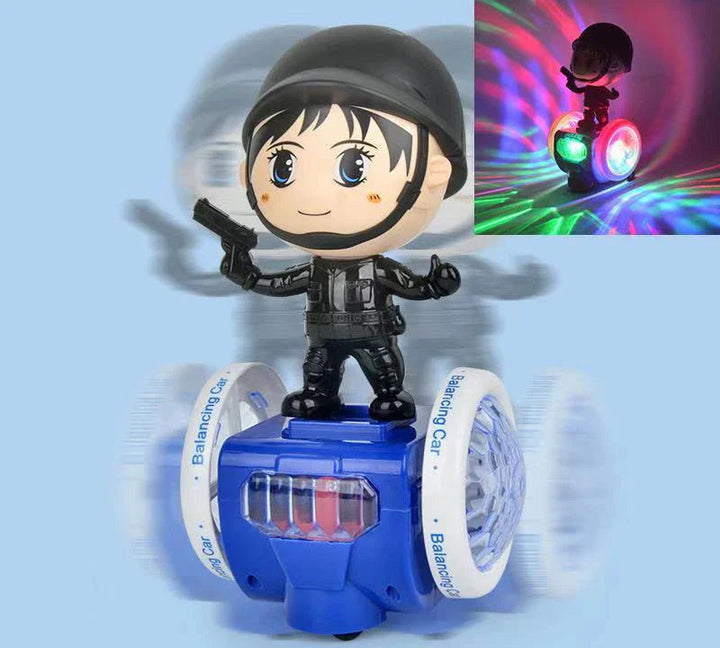 Blue toy car with a helmeted character, white wheels, and an inset showing colorful light effects