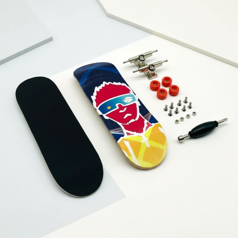 Blue character-print fingerboard deck with black grip pad, red wheels, trucks, hardware, and a tool.