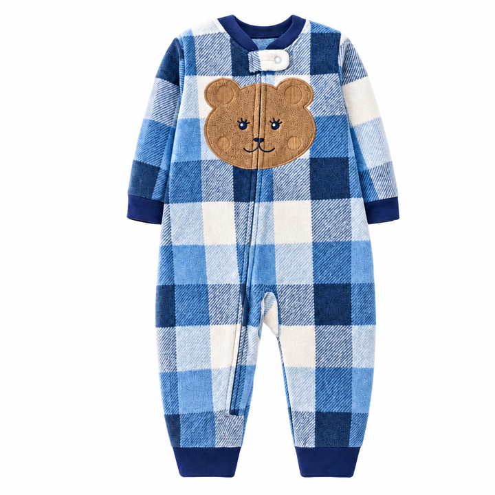 Blue and white check fleece baby jumpsuit with a bear face and navy cuffs