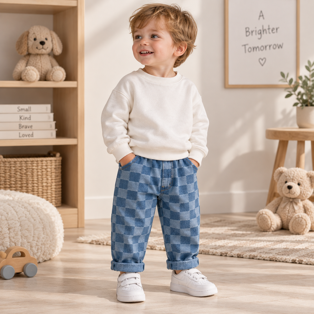 Child wearing blue checkerboard pants with a white sweatshirt and white sneakers indoors