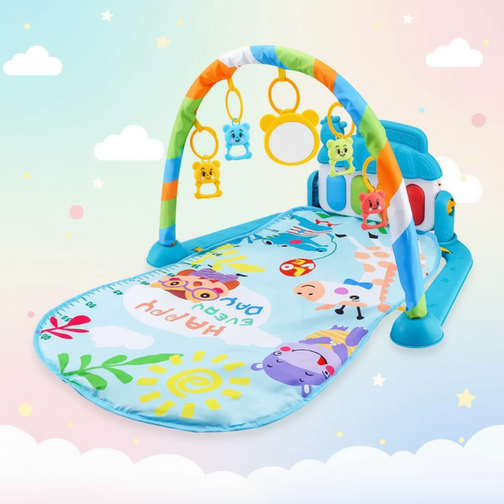Blue baby play gym with a cheerful animal-print mat, hanging rattles, and a round mirror