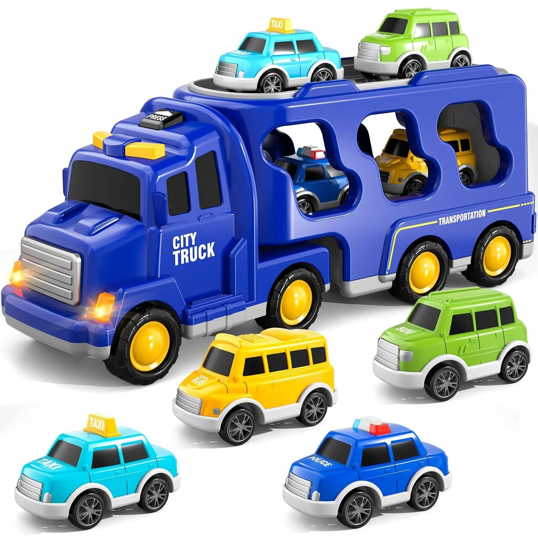 Blue toy carrier displayed with a taxi, police car, and yellow and green city vehicles