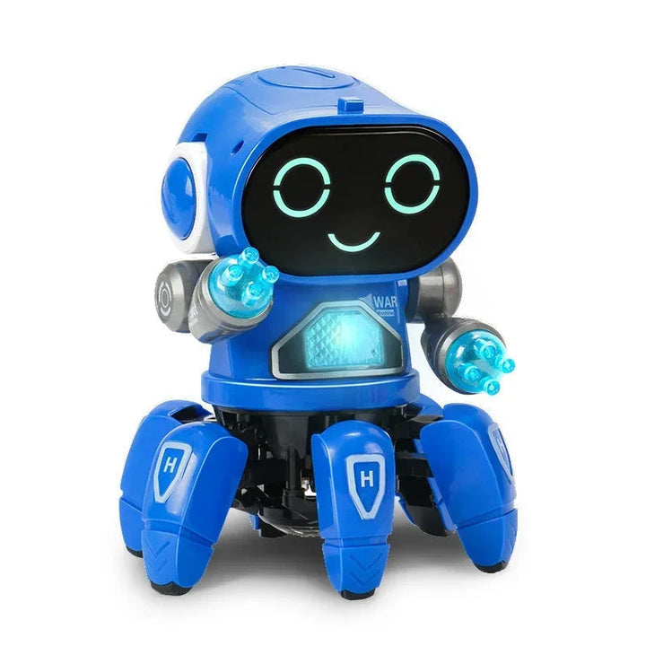 Blue smiling toy robot with four claw-style feet and glowing turquoise details