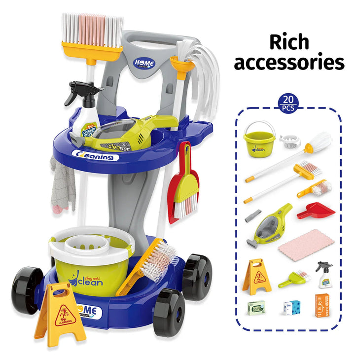 Blue toy cleaning trolley beside a layout of pretend cleaning tools and accessories