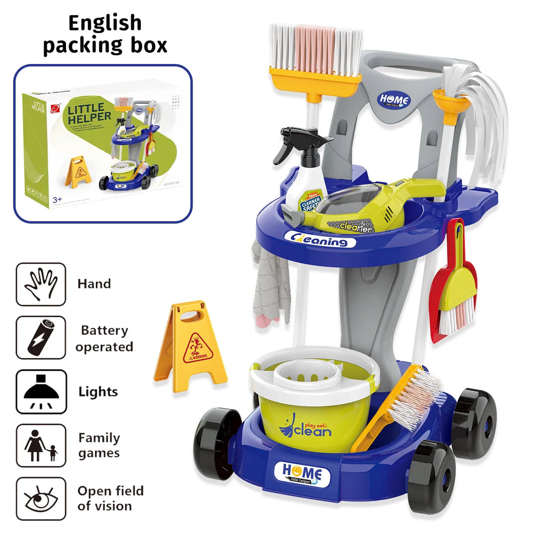 Blue toy cleaning trolley with broom, mop, bucket, pretend handheld vacuum, and packaging