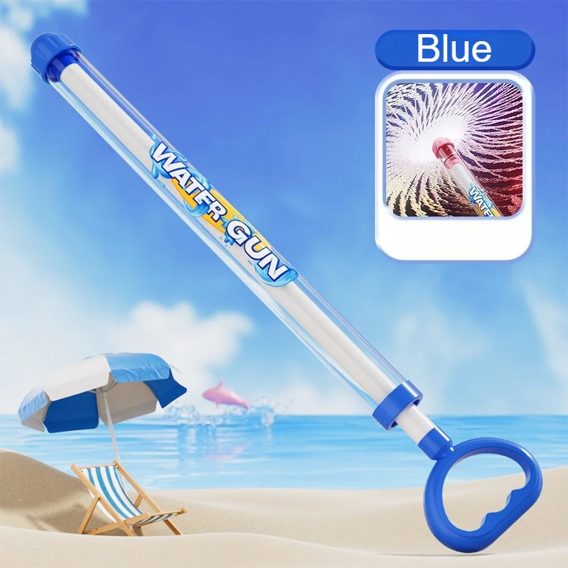 Blue manual pump water gun with a clear barrel and loop-shaped handle.