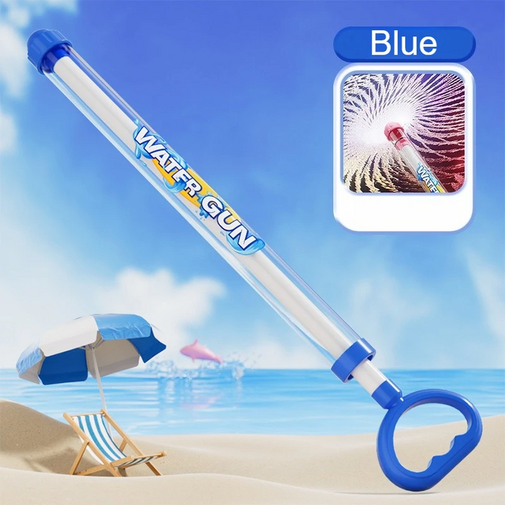 Blue manual pump water gun with a clear barrel and loop-shaped handle.