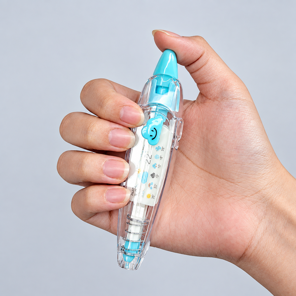 Hand holding a clear decorative tape dispenser with a blue tip and cloud-shaped detail.