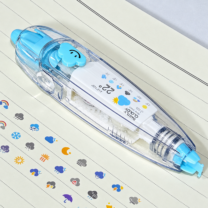 Blue-accented tape dispenser with a cloud detail beside rows of weather-themed patterns.