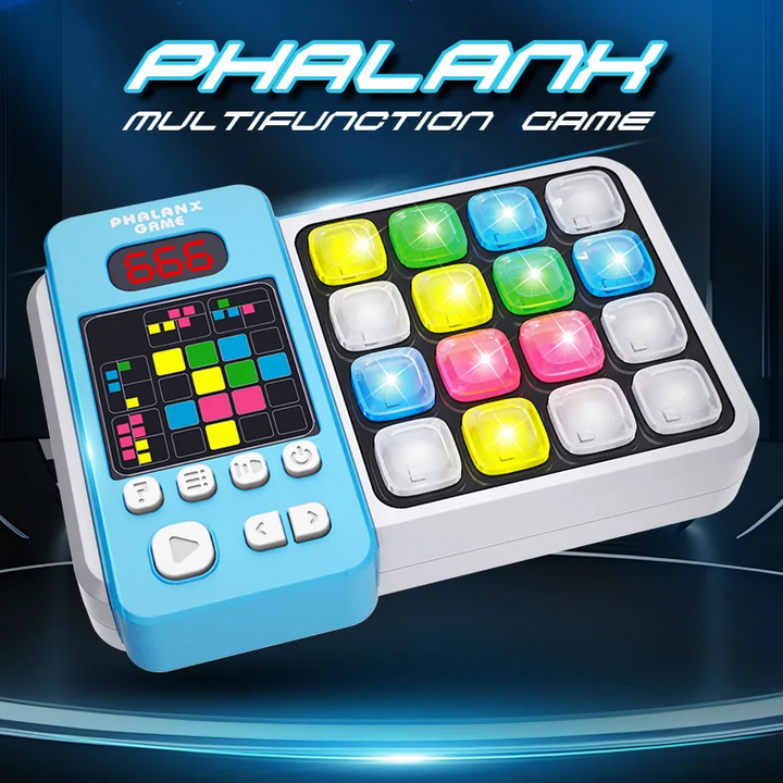 Blue game console color option with illuminated buttons and a separate pattern display.