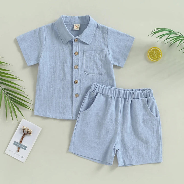 Blue cotton shirt and shorts set with a chest pocket and shorts pockets