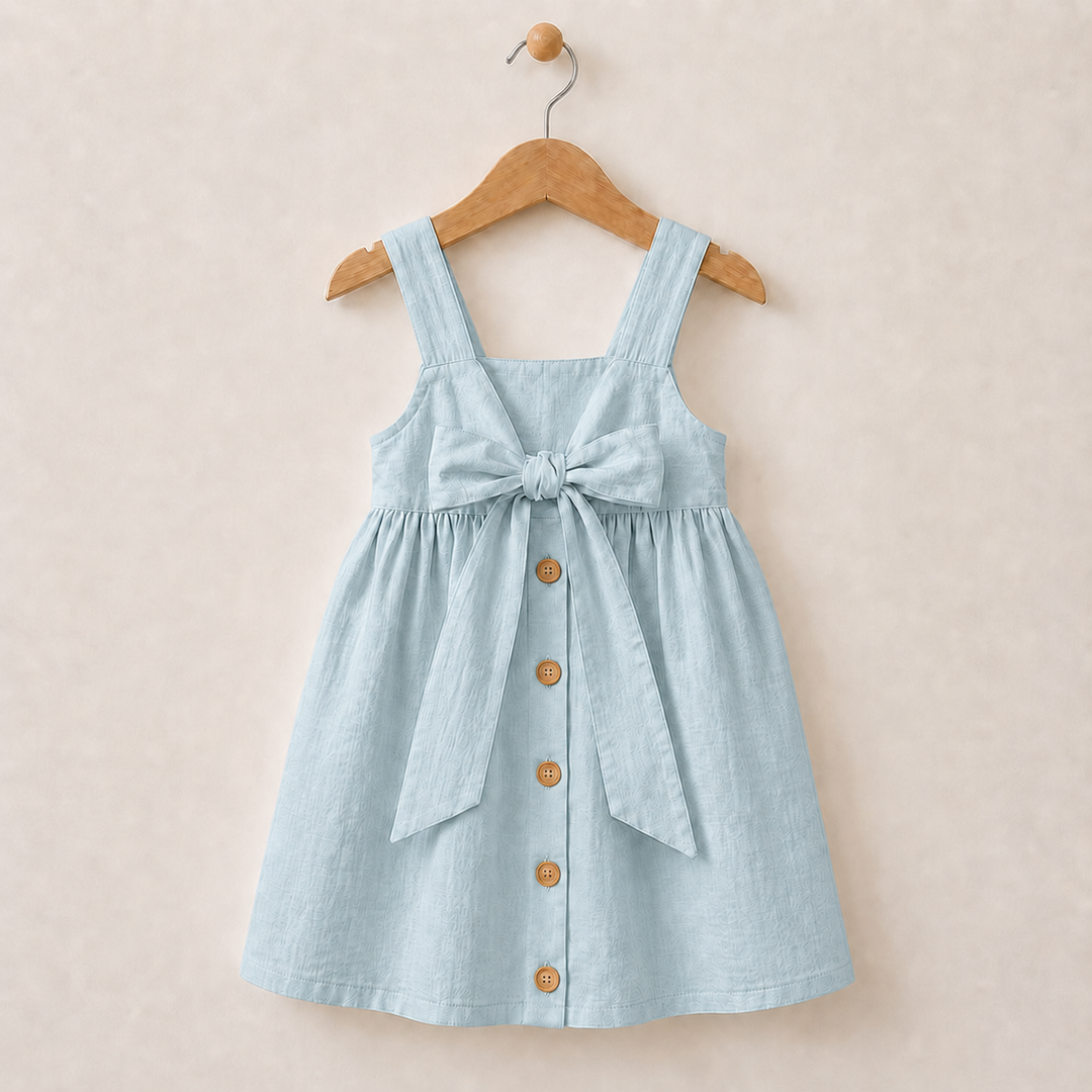 Blue cotton dress on a hanger, showing the back bow and decorative buttons