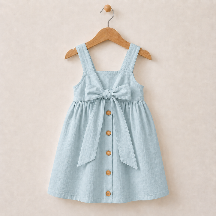 Blue cotton dress on a hanger, showing the back bow and decorative buttons