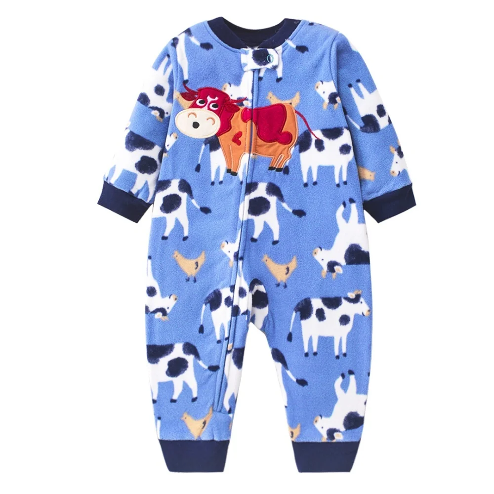 Blue fleece baby jumpsuit with cow prints, a large cow chest design and navy cuffs