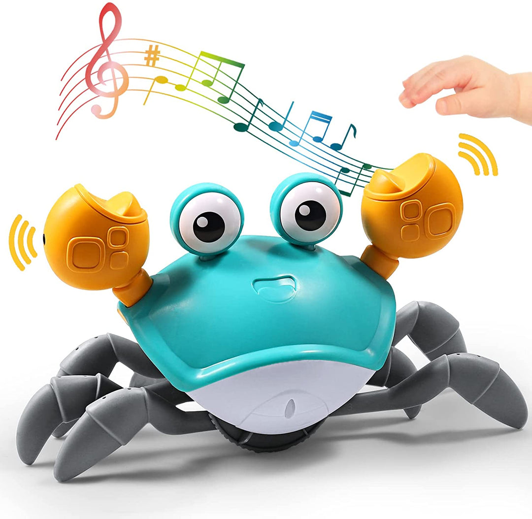 Blue crab toy with yellow claws, a nearby hand, and musical-note graphics