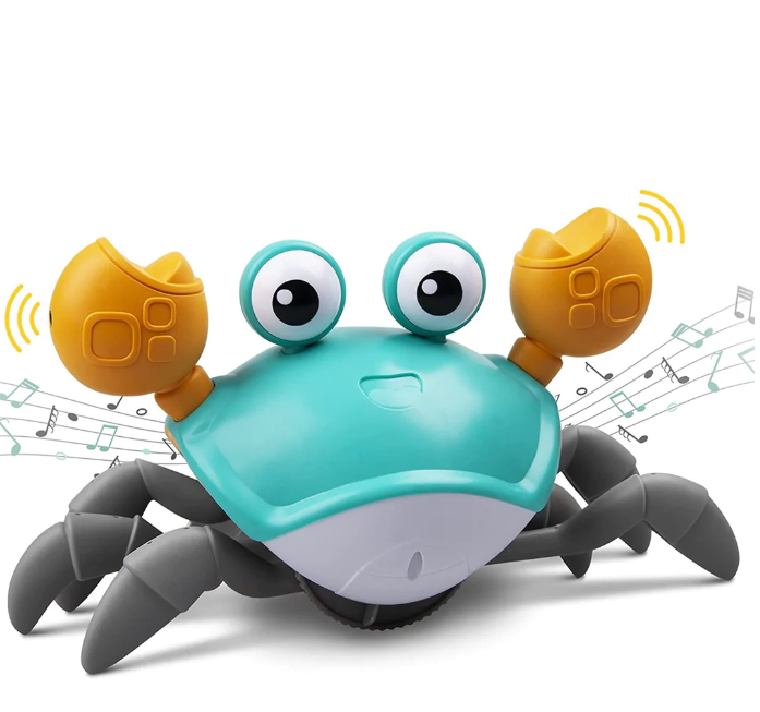 Blue crawling crab toy with yellow claws and gray legs