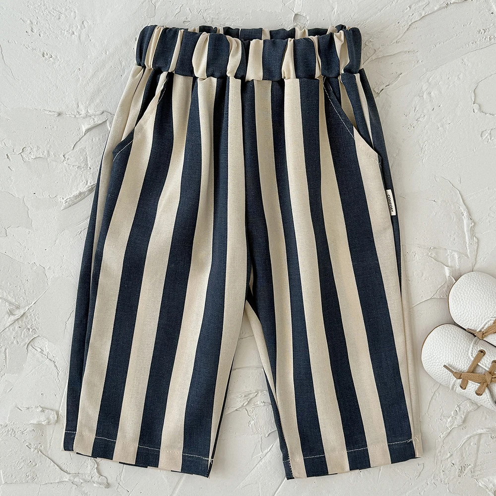 Blue and cream striped baby pants with an elastic waist and side pockets